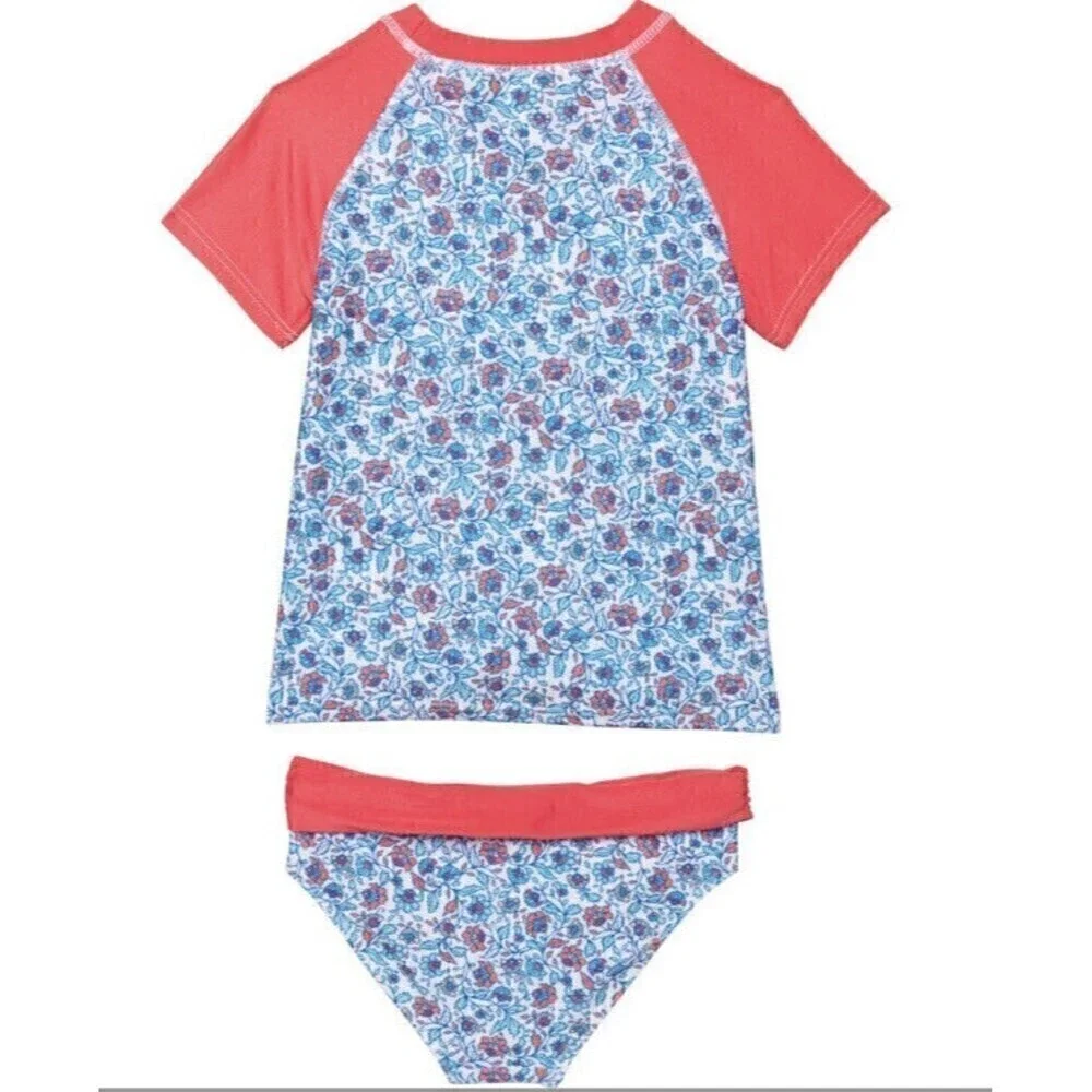 AQUA ET SOL Rash Guard Bikini Bottom Set Swimsuit UPF 50 Short Sleeve Girls Sz 4